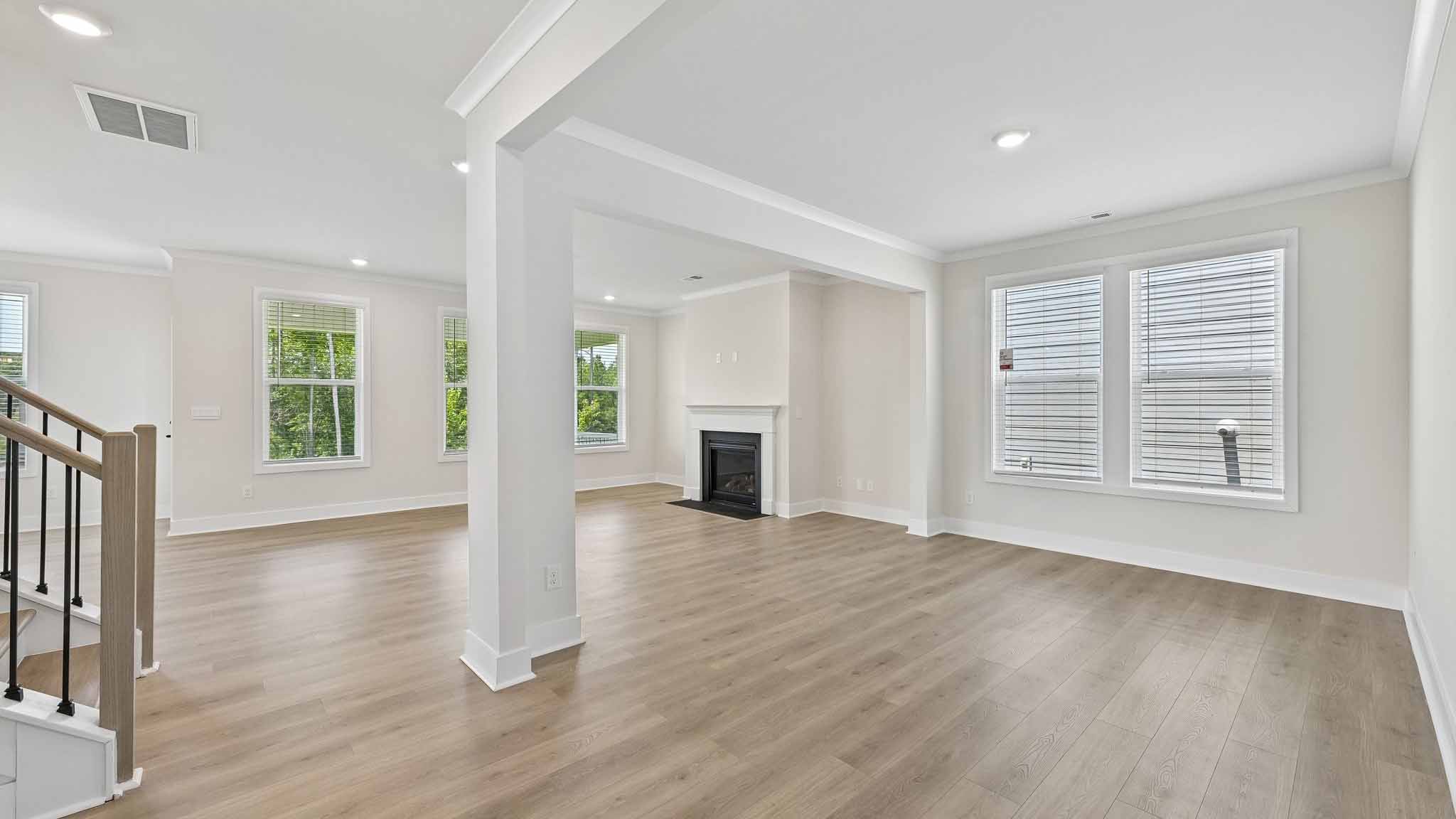 Living room with windows and fireplace
