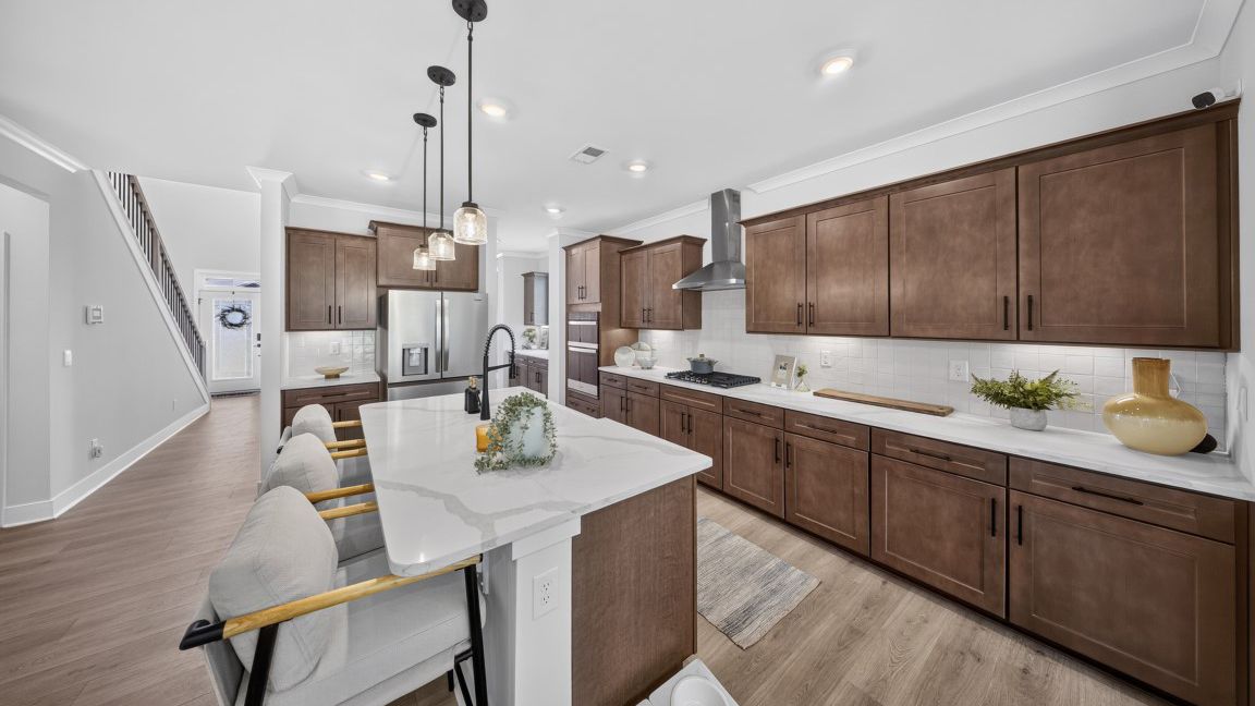 Kitchen and island with windows