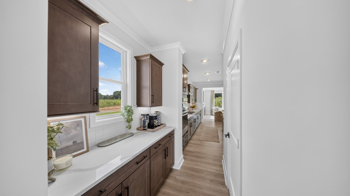 Kitchen and island with windows