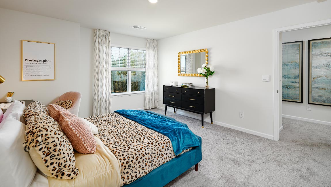 Carpeted bedroom with windows