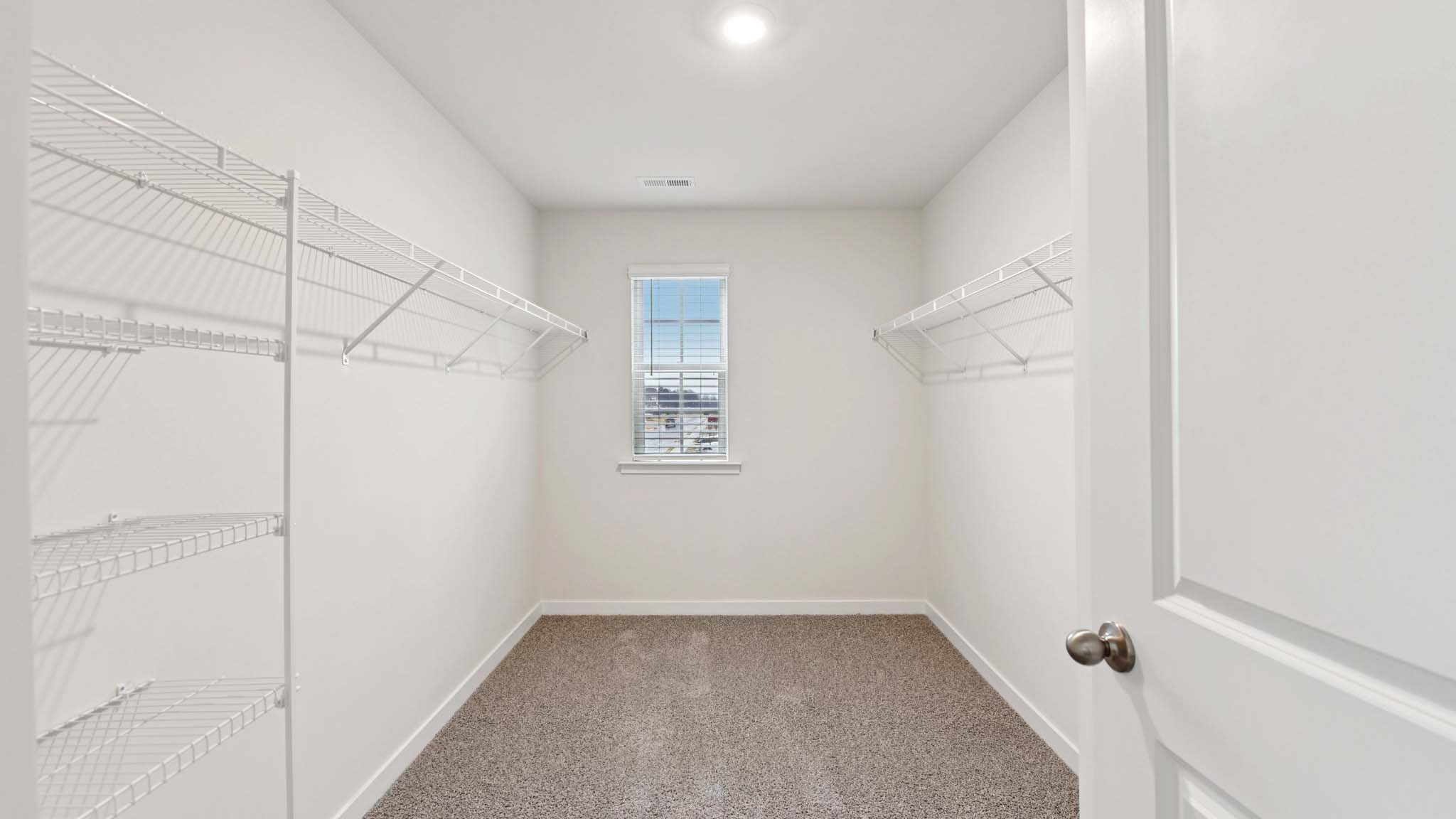 Primary bedroom carpeted walkin closet