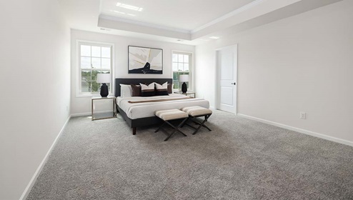 Primary bedroom with carpet and two large windows