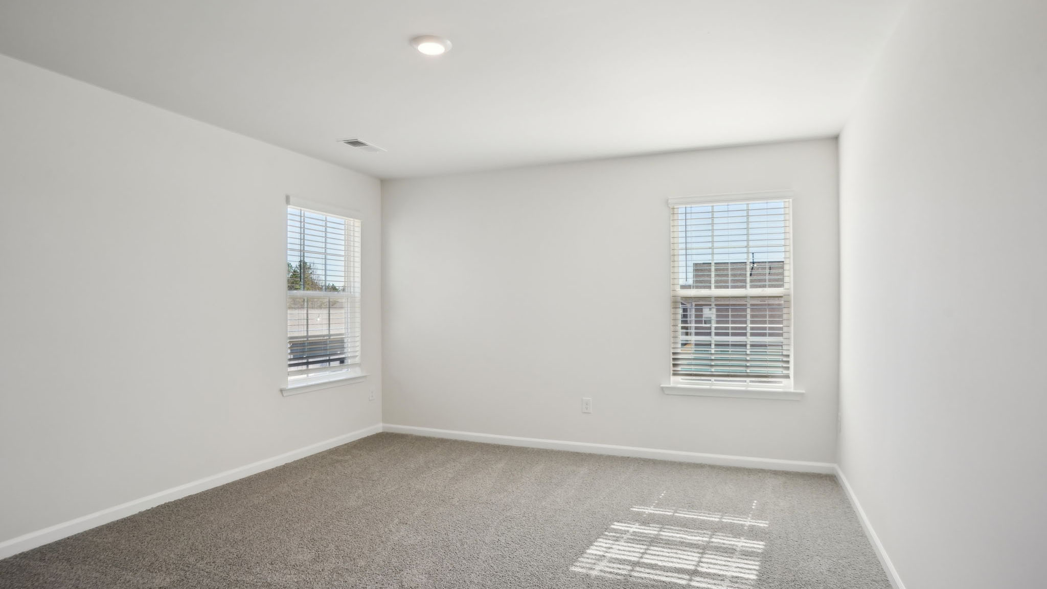 Primary suite, carpeted with two large windows