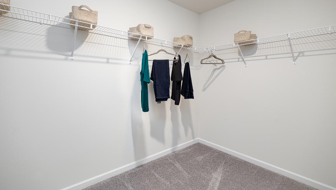 Primary walk in closet, wood floors, and racks