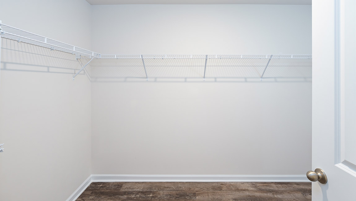 Primary walk in closet, wood floors, and racks