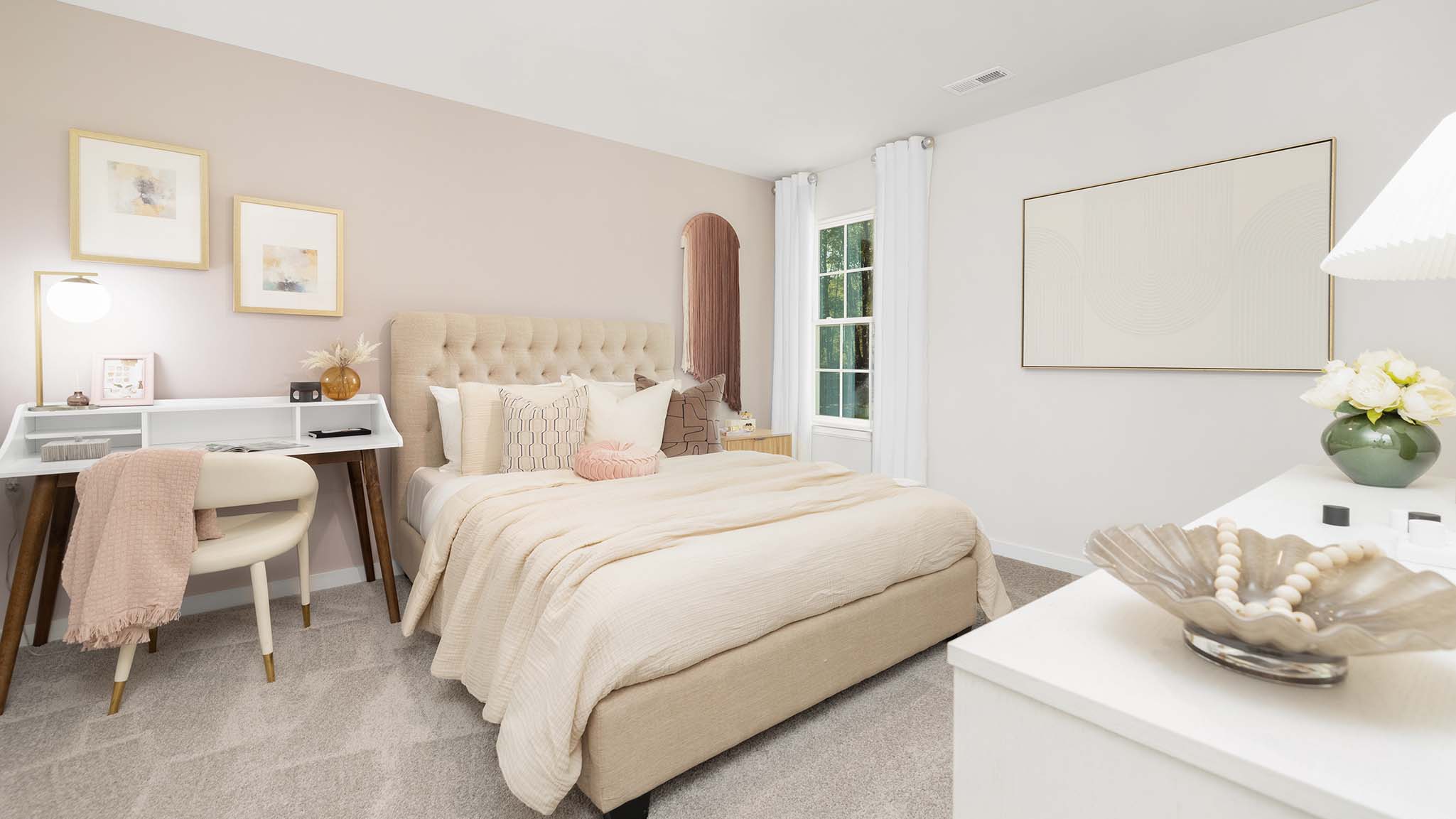 Carpeted bedroom with large window