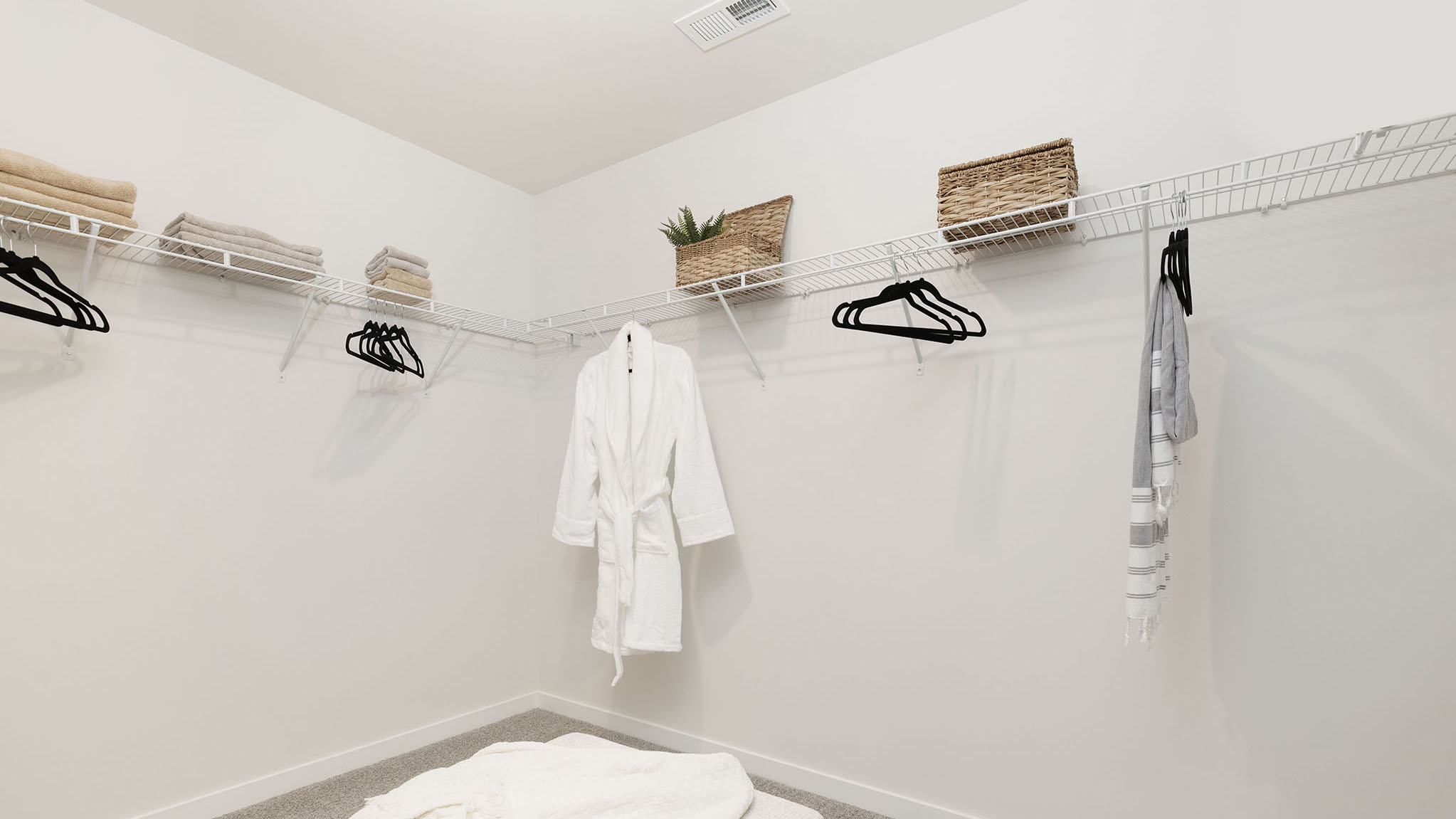 Primary carpeted walk in closet