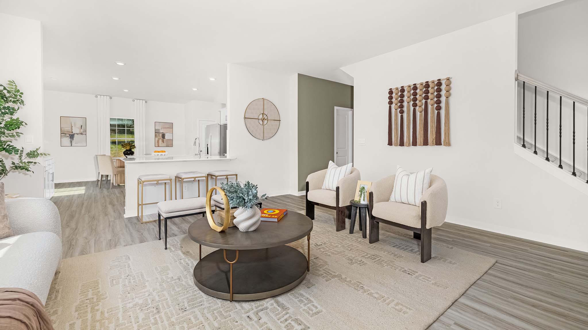 Open family room with windows and fireplace