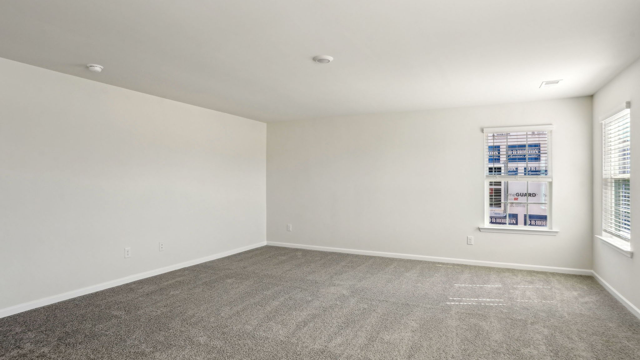 Primary carpeted bedroom with large windows