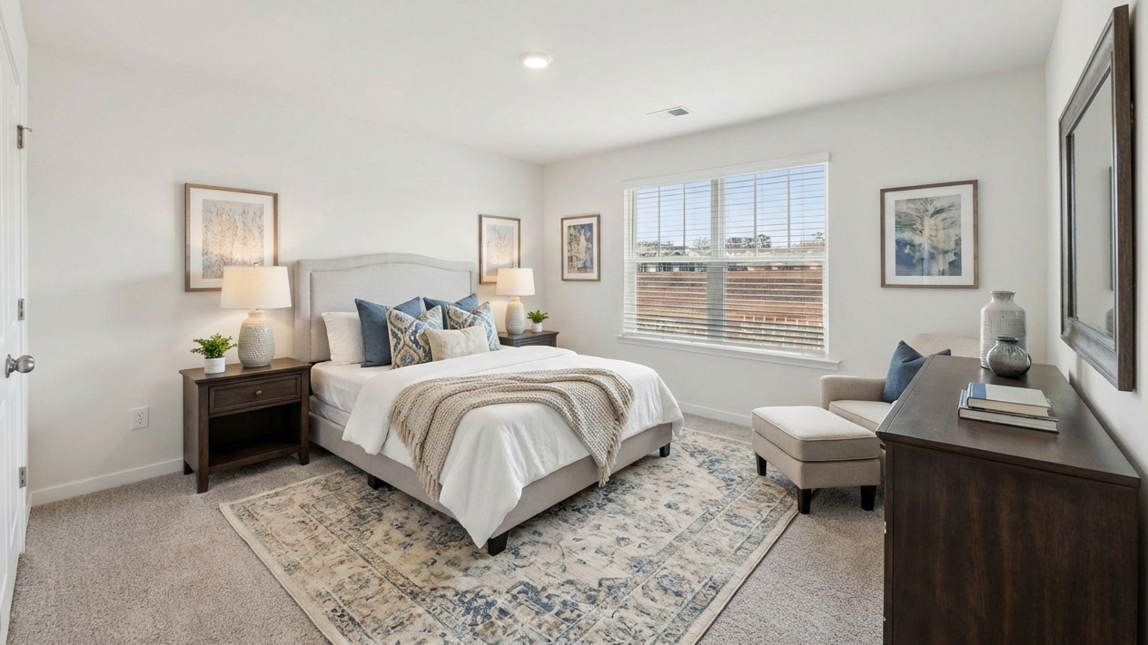 Carpeted bedroom with windows