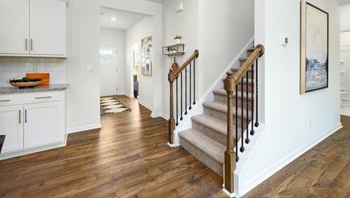 Welcoming foyer view of staircase and edge of kitchen counter