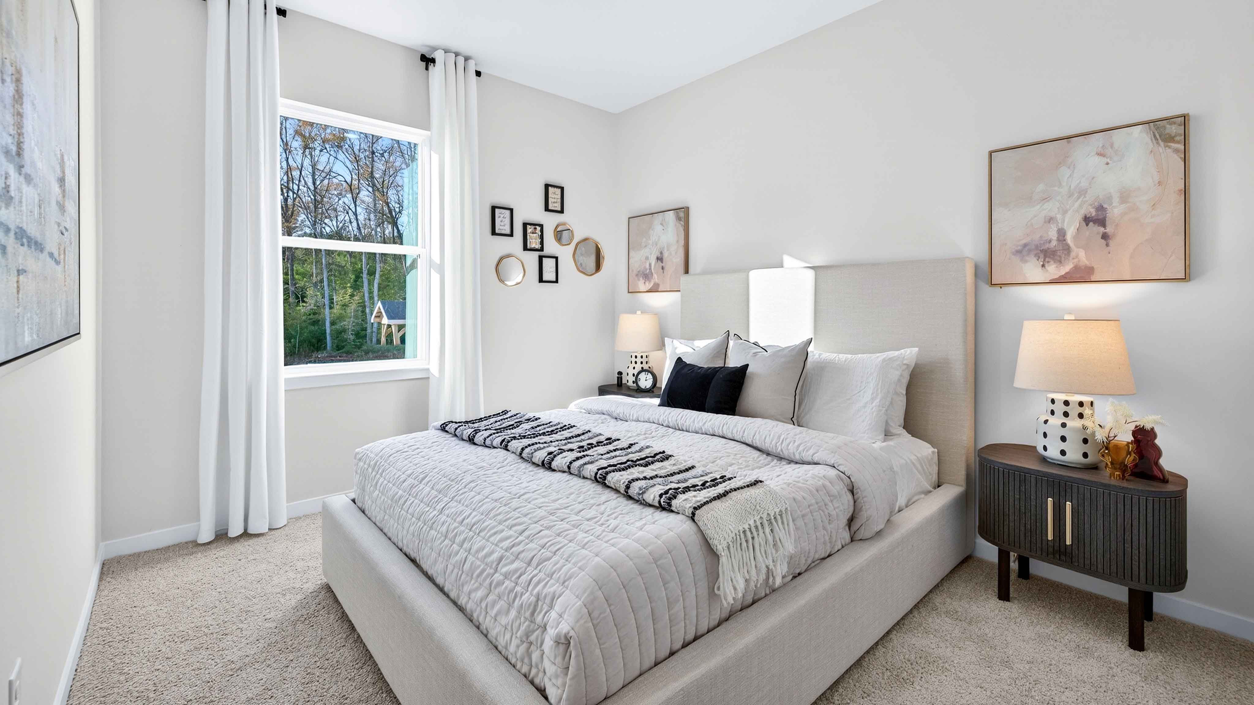 Carpeted bedroom with large window