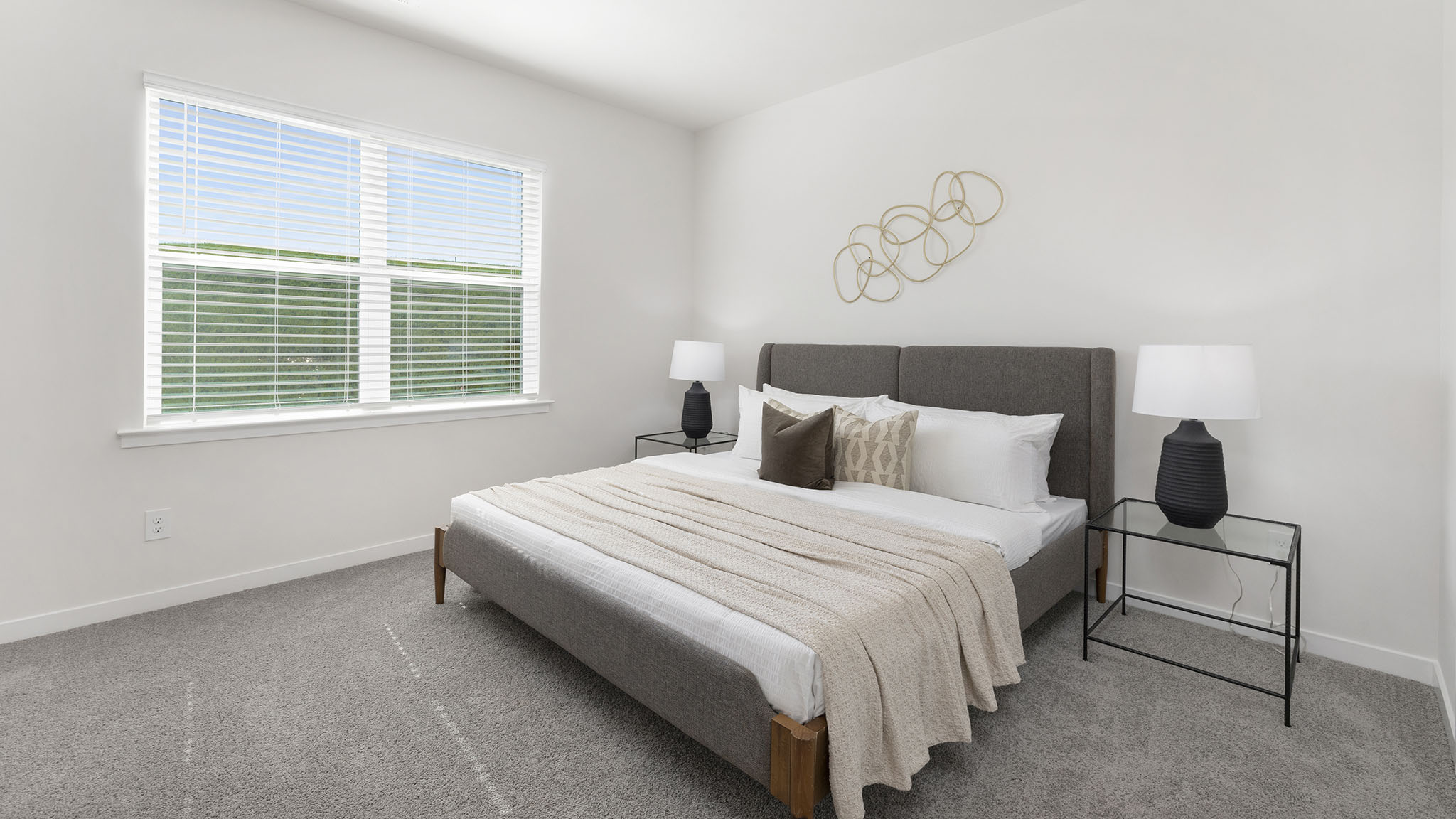 Primary carpeted bedroom with large window