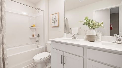 Bathroom with double vanity and bathtub and shower combination