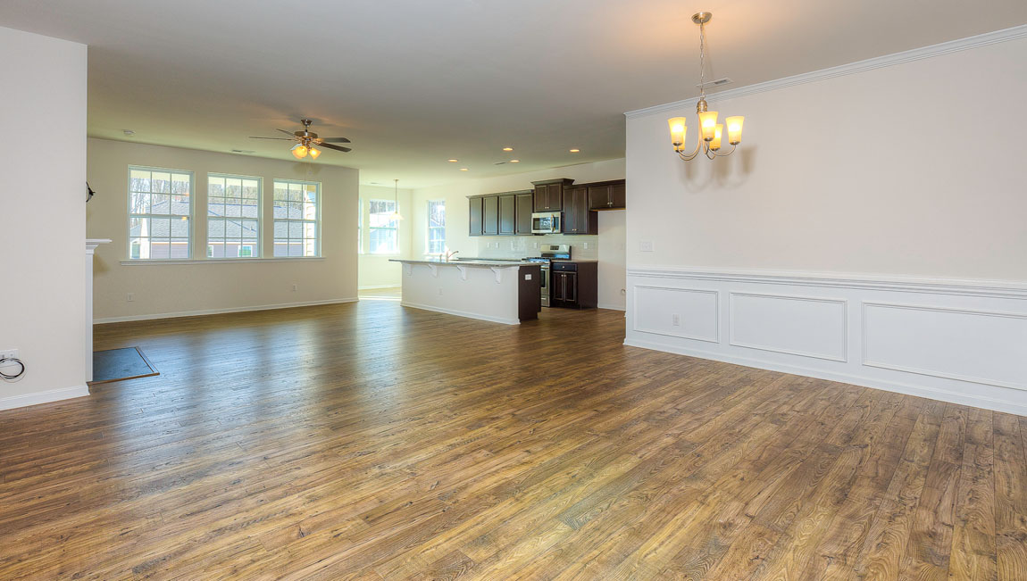 Family room with windows and fireplace