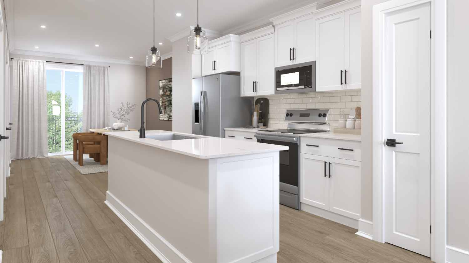Kitchen and island with white cabinets
