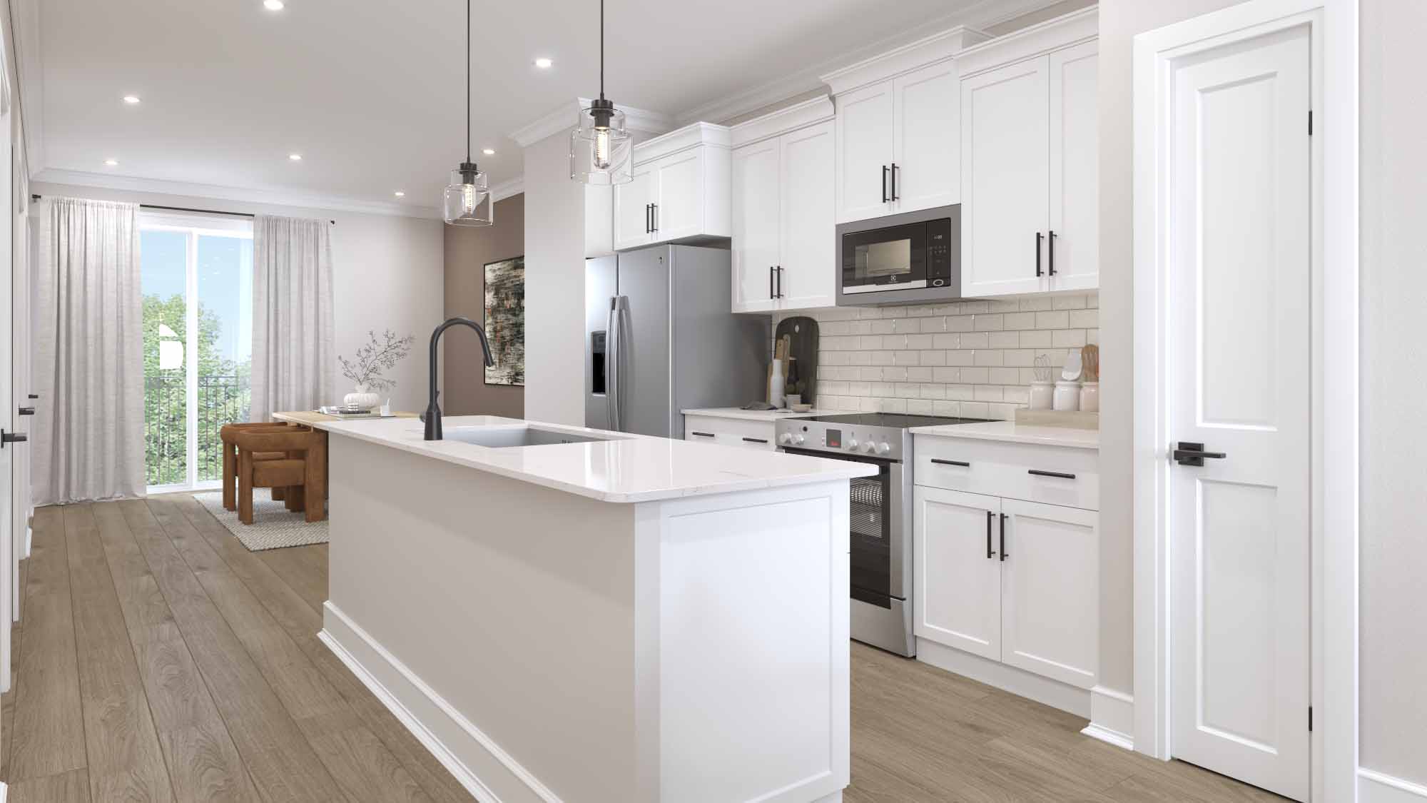 Kitchen and island with white cabinets