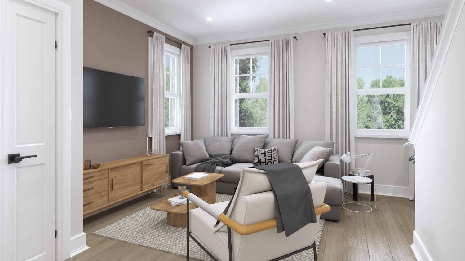 Living room with windows and wood floors