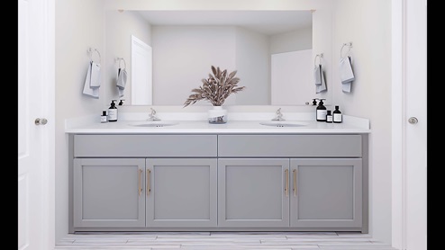 Primary bathroom with grey cabinets, and double vanity