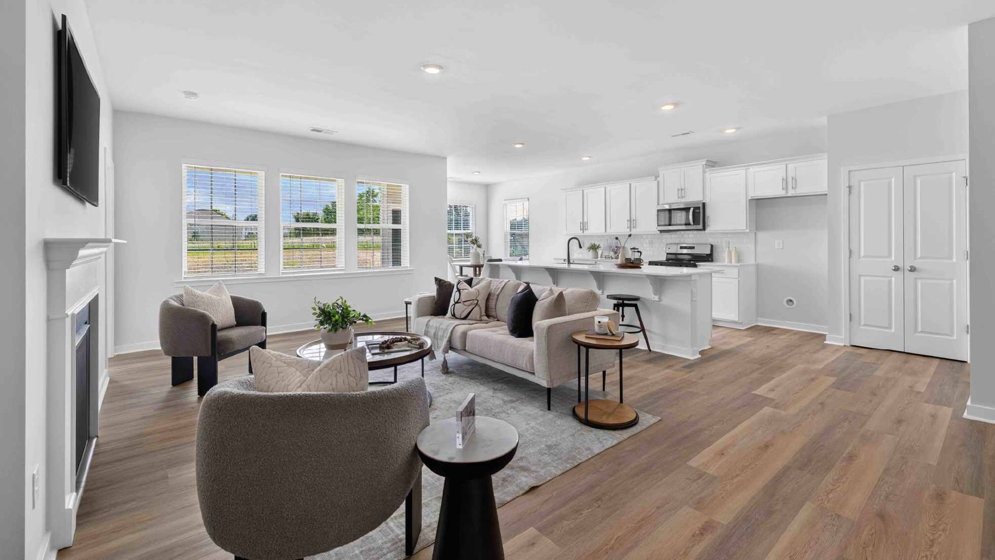 Family room with windows and fireplace