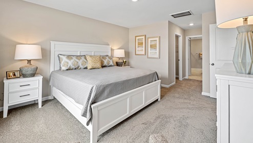 Primary bedroom with carpet and window.