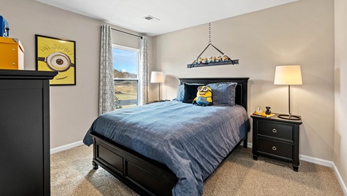 Bedroom with carpet and window.