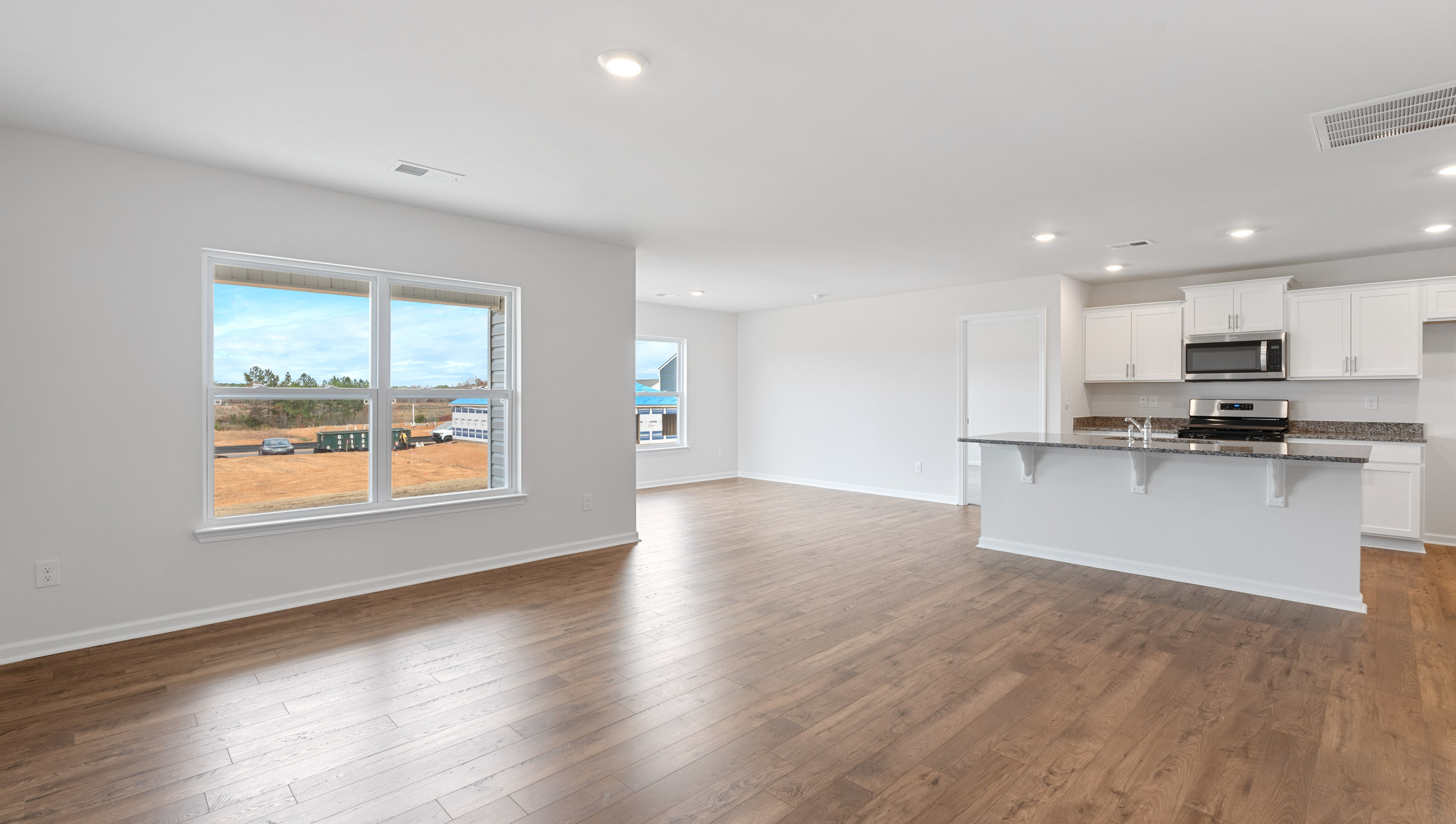 Dining room with windows.