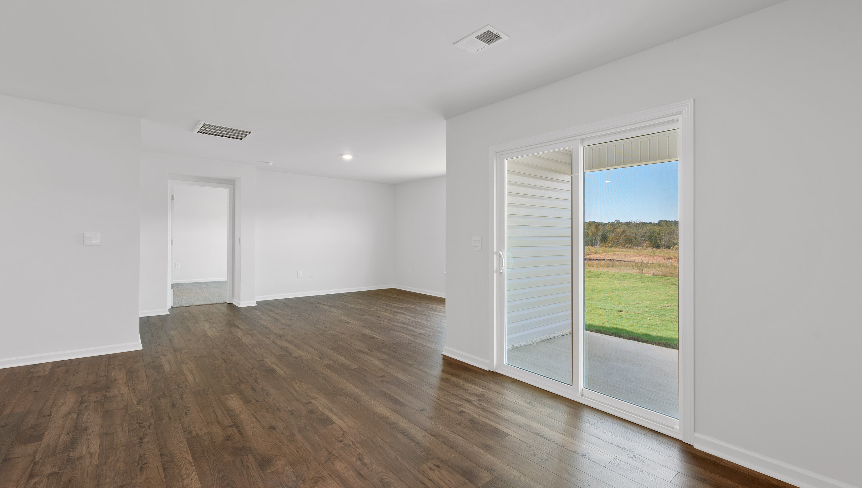 Dining room with sliding doors.