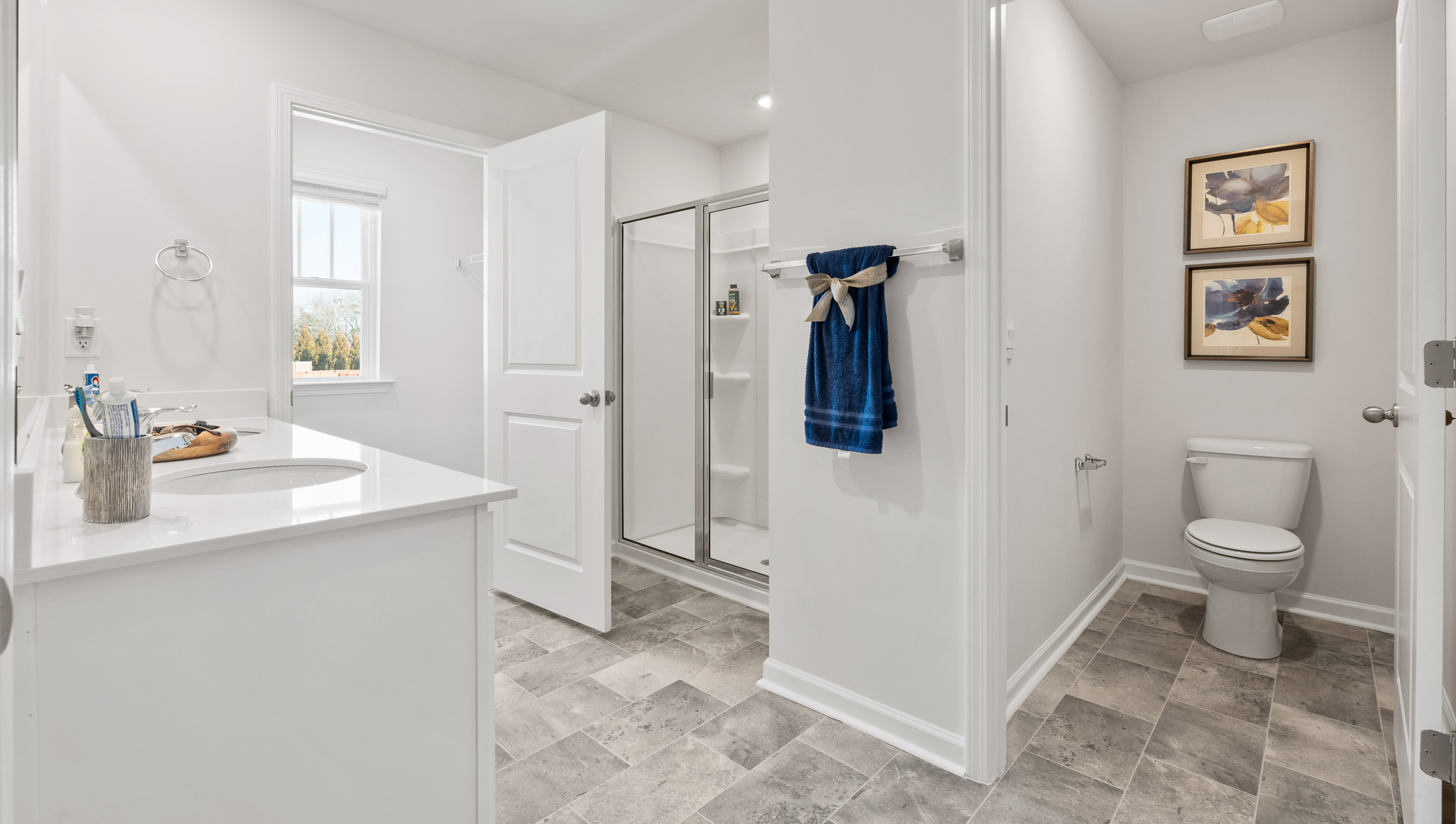 Bathroom with double sink vanity and toilet.