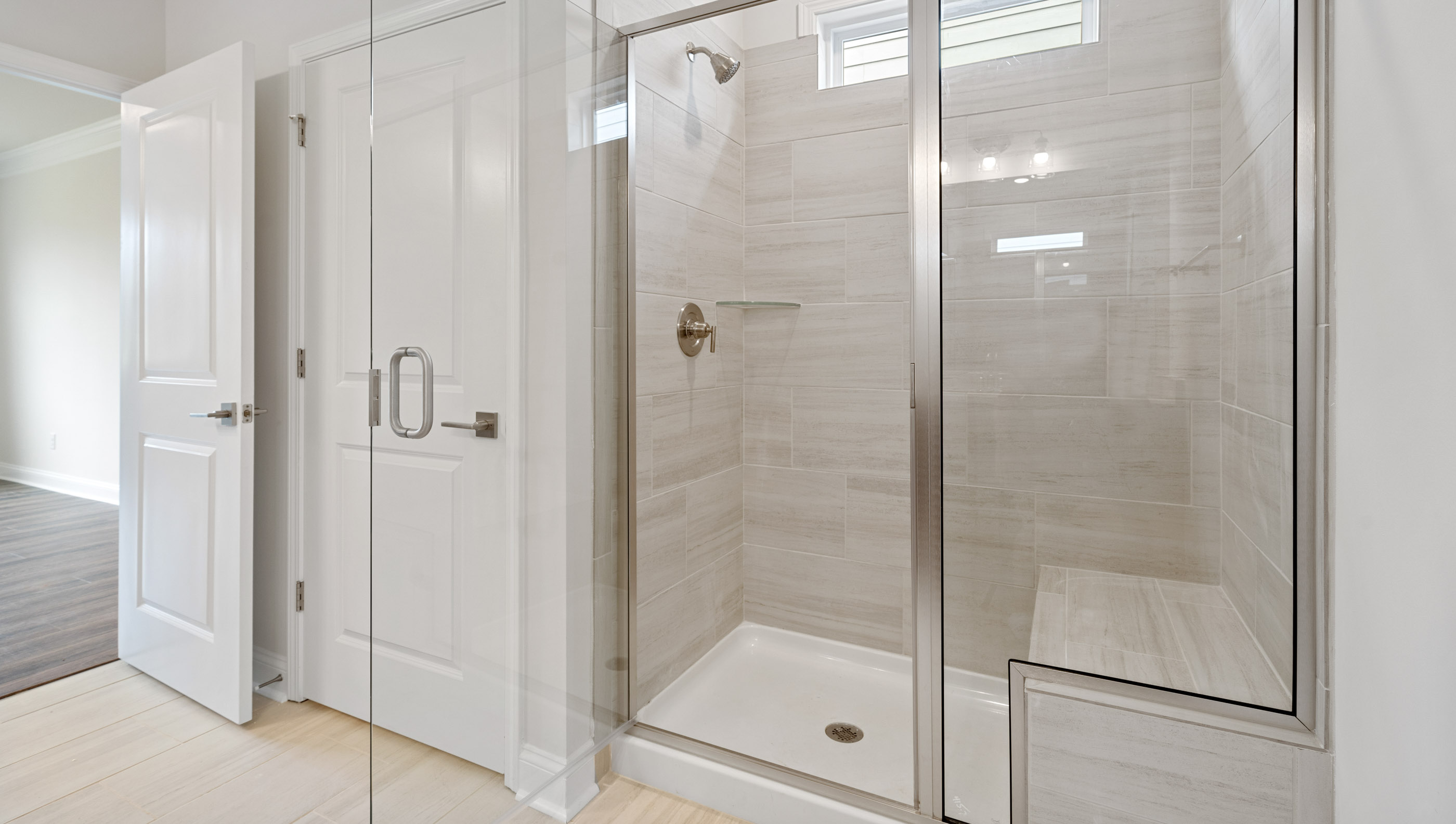 Bathroom with sinks and shower.