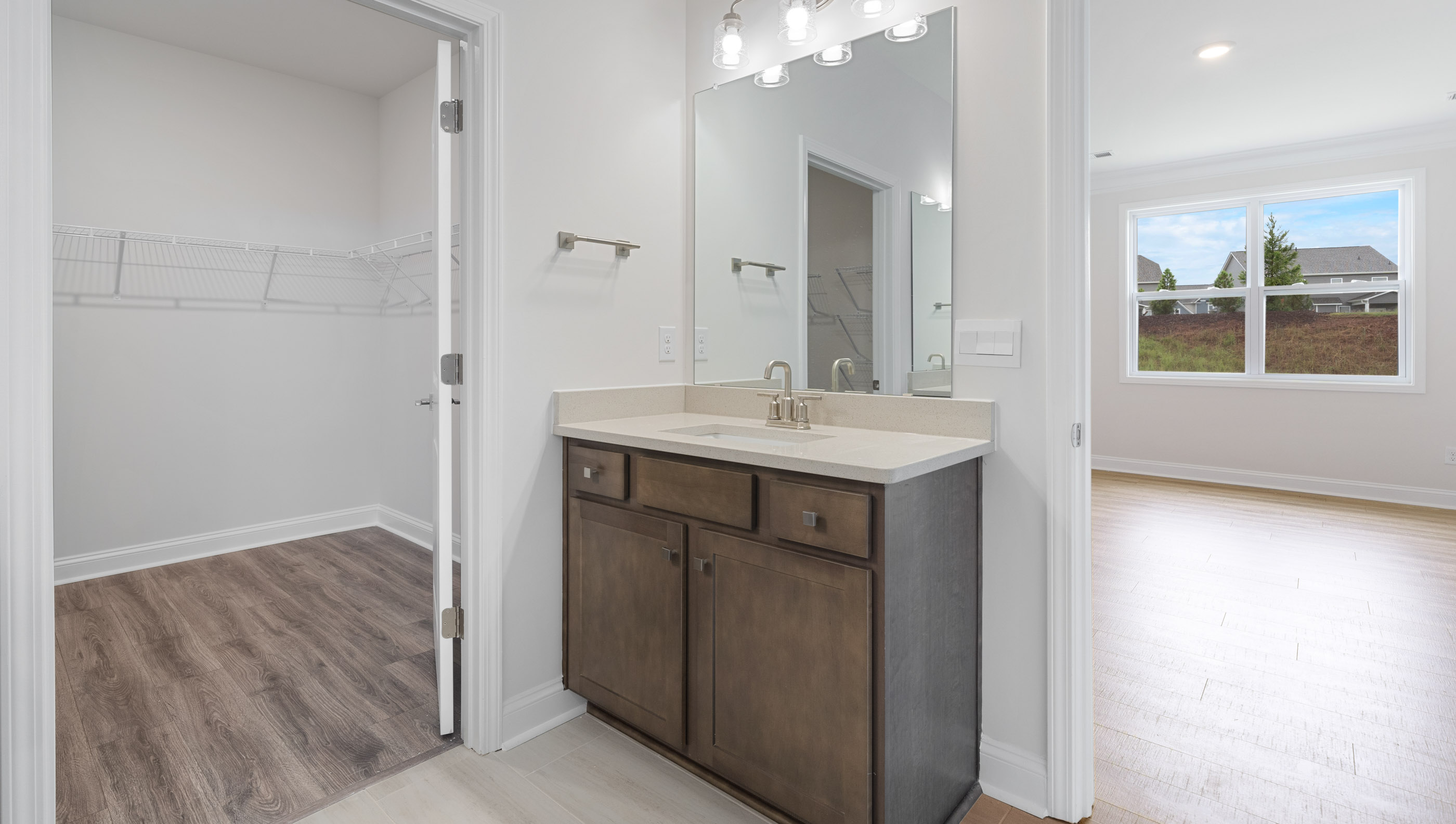 Bathroom with sinks and shower.