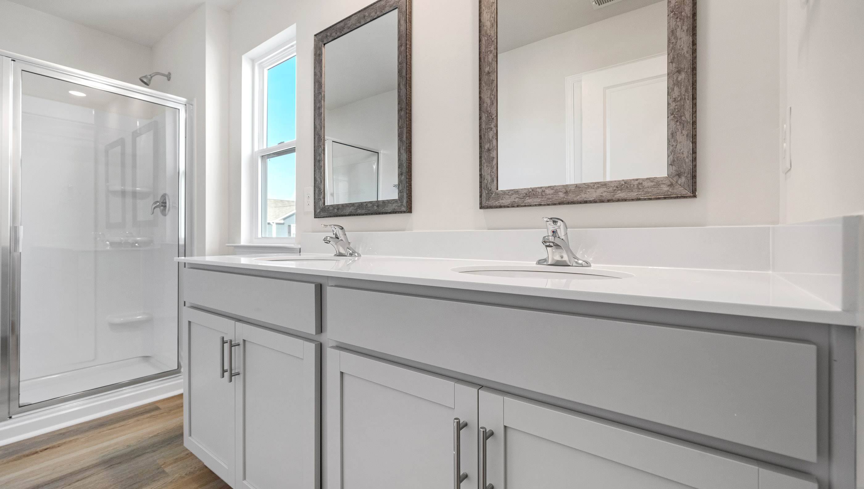 Bathroom with double vanity sink.