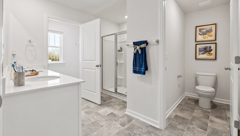 Bathroom with walk in shower and closet.