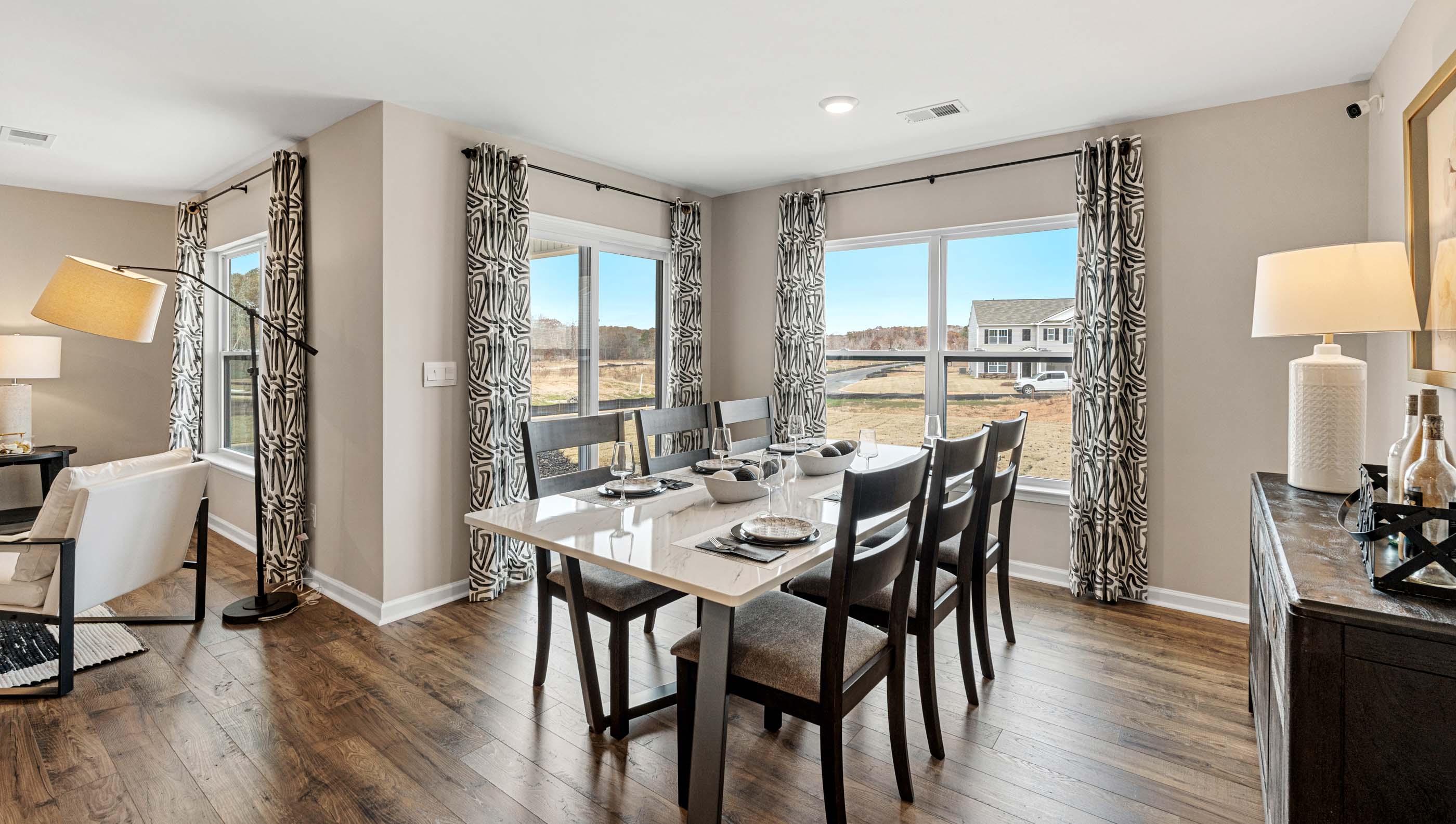 Kitchen and island with granite counter tops.