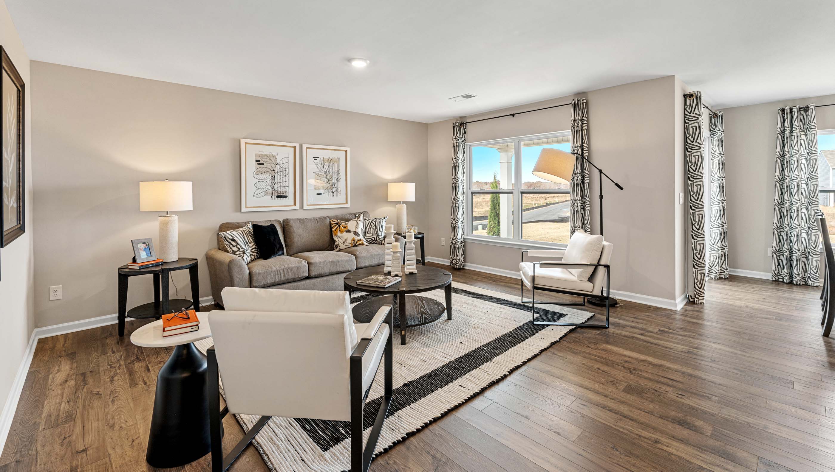 Family room with windows.