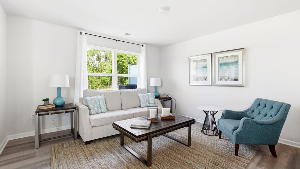 Family room with windows.