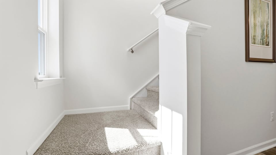 Hallway with carpet.
