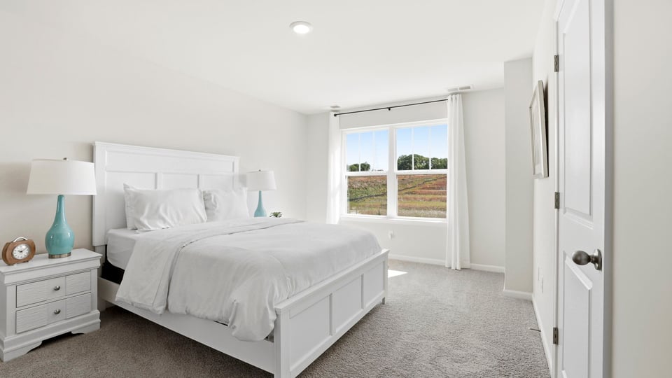 Bedroom with carpet and window.