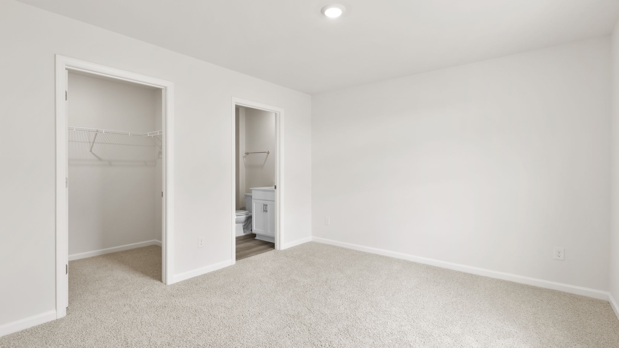 Primary bedroom with carpet and windows.