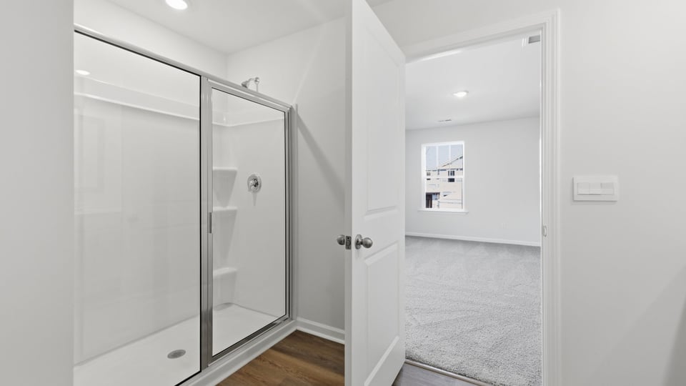 Bathroom with walk in shower and closet.