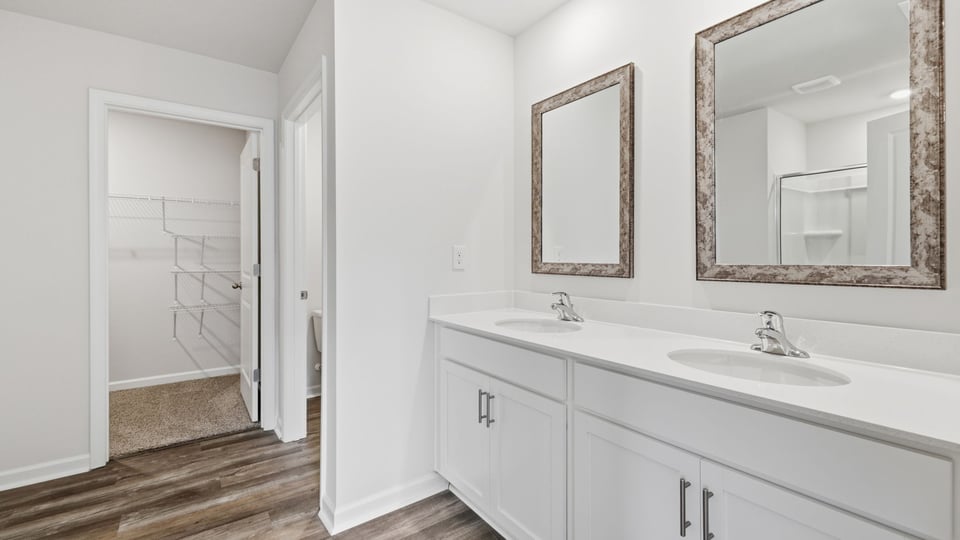 Bathroom with double vanity sink and walk in closet.
