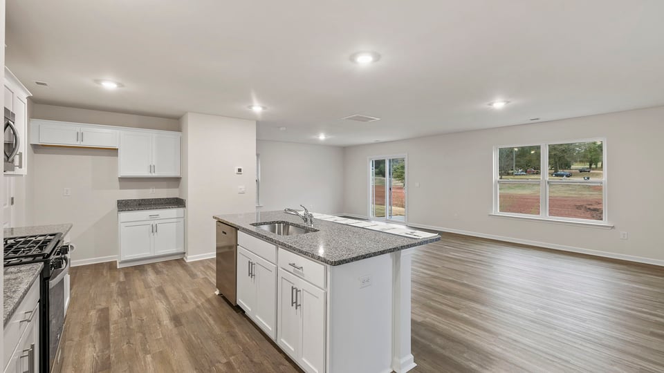 Kitchen and island open to the living areas.