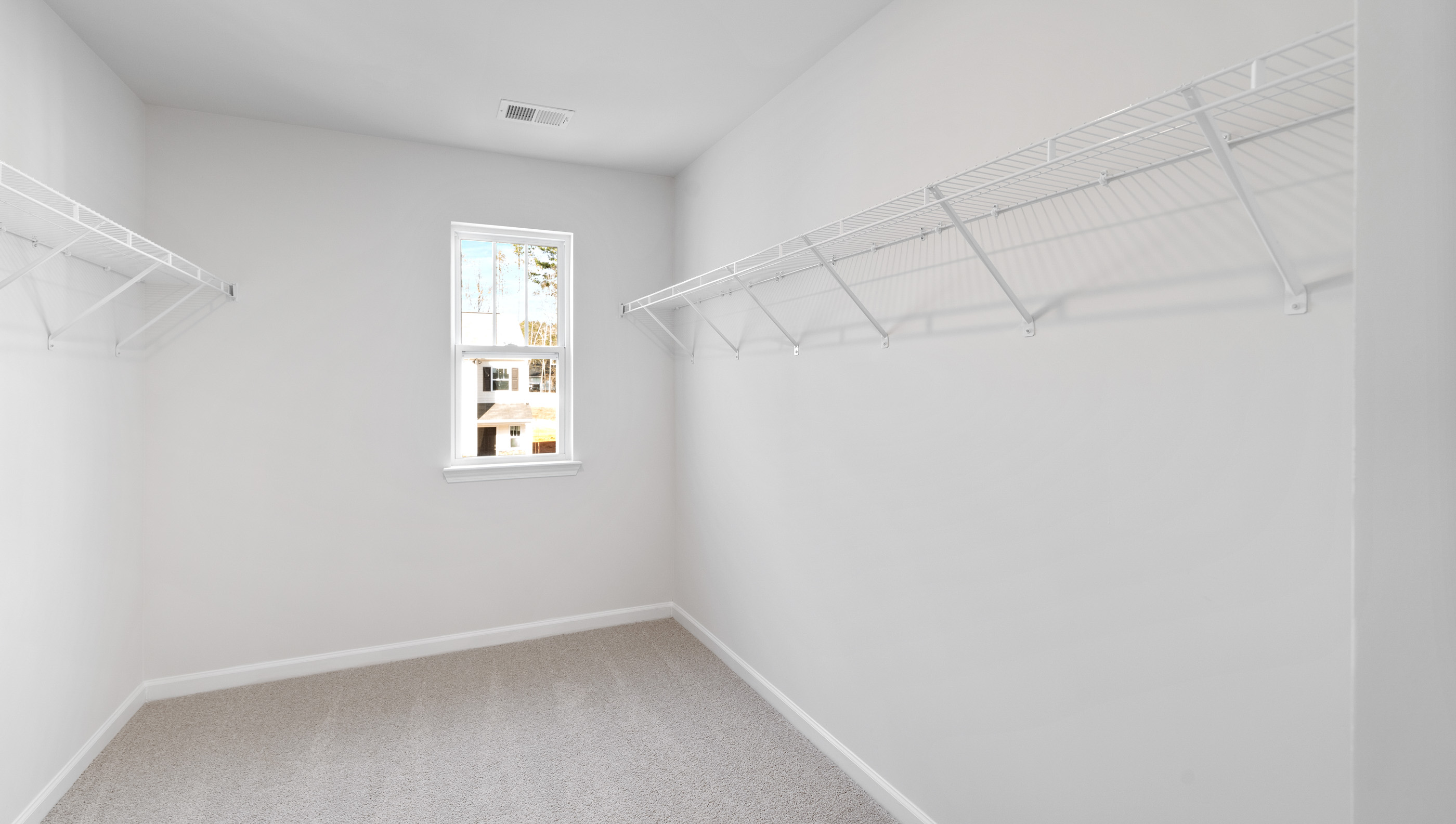 Primary closet with shelf and carpet,