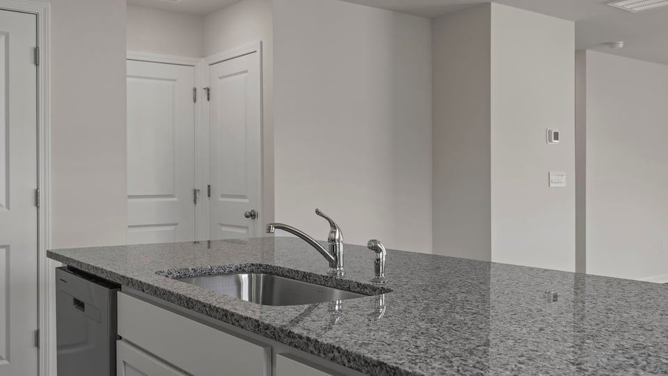 Island hosts sink and a dishwasher.