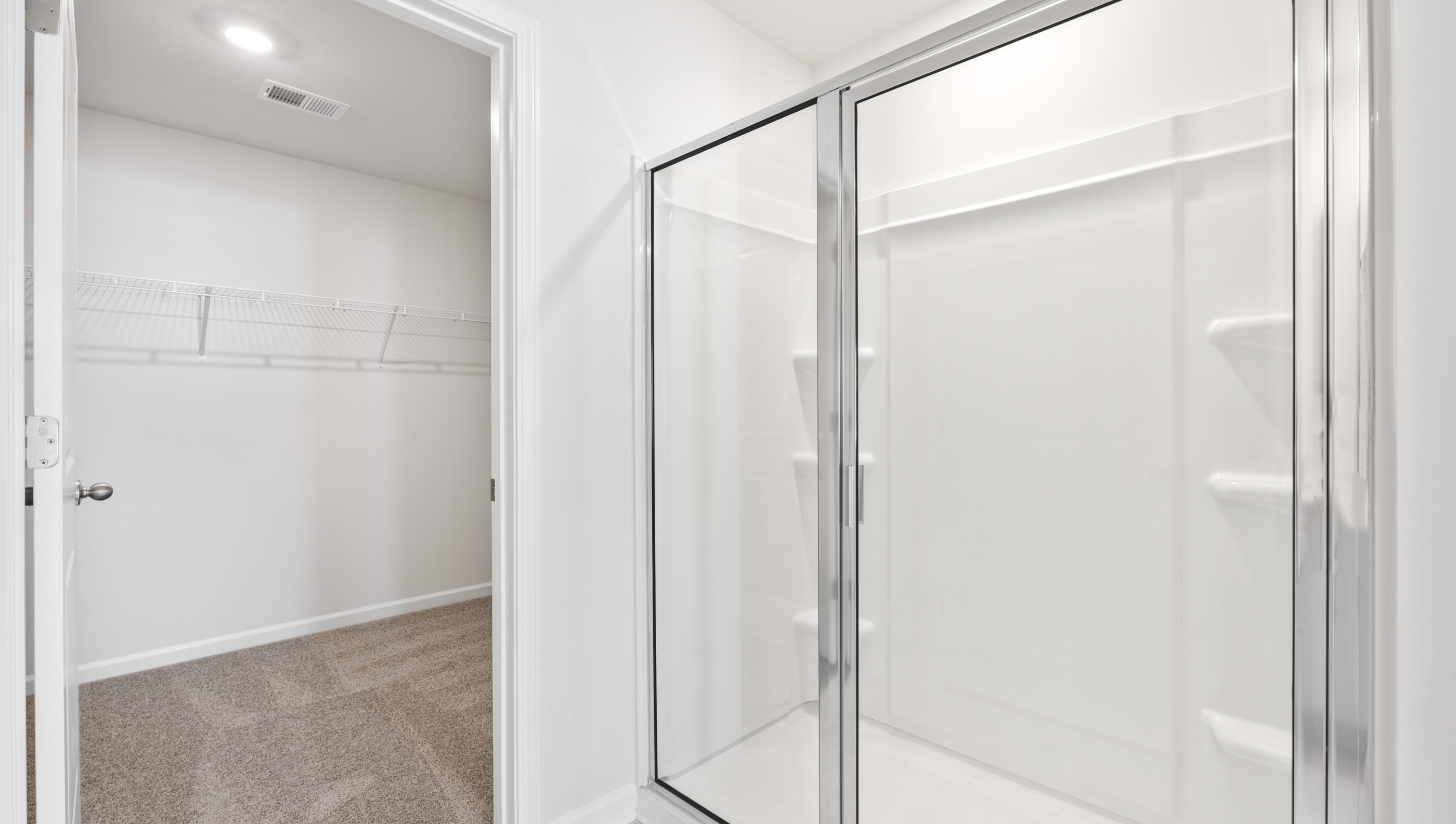 Bathroom with walk in shower and closet.