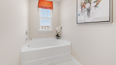 Primary bathroom with double vanity sinks and tub.
