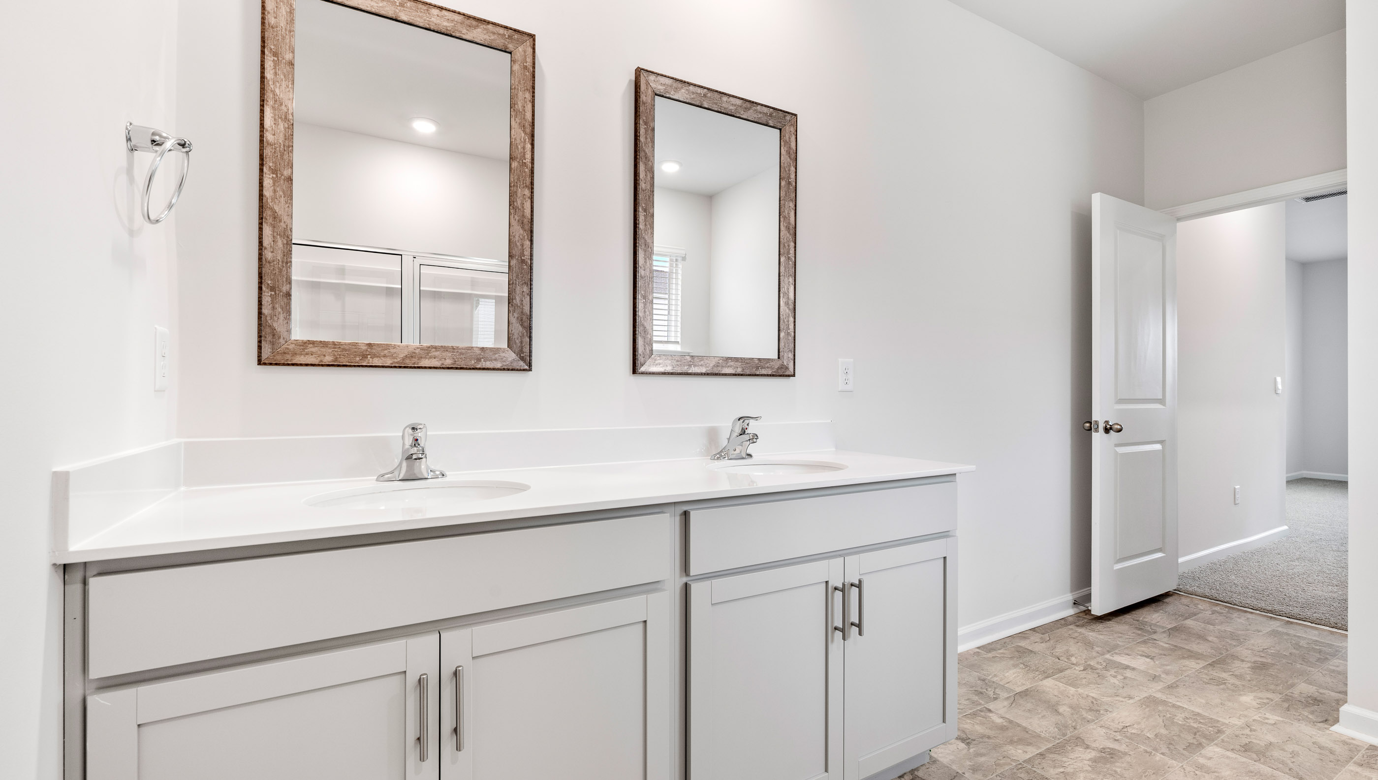 Primary bathroom with dual sink vanity.