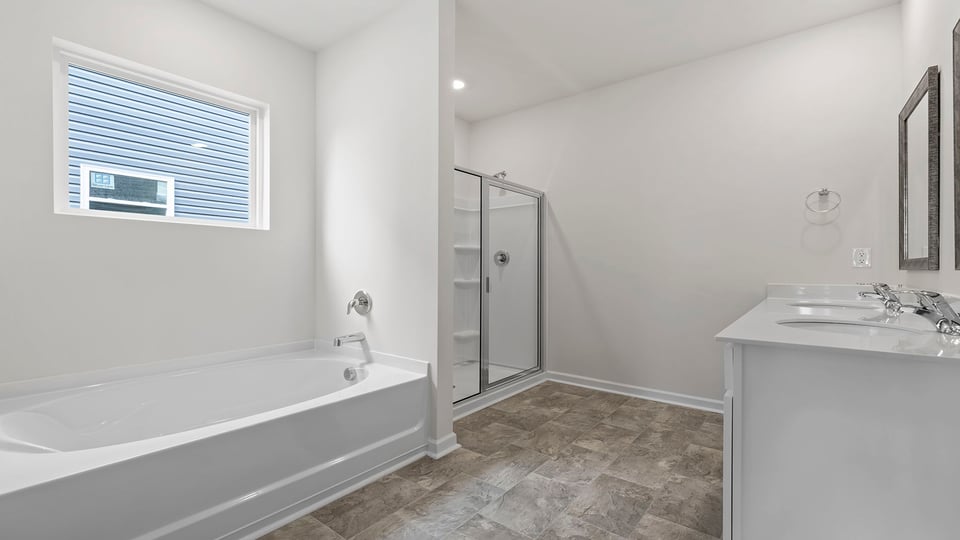 Bathroom with double vanity sinks.