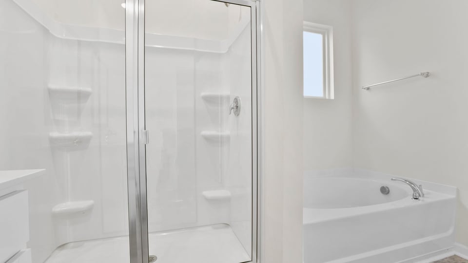 Primary bathroom walk-in shower and garden tub.