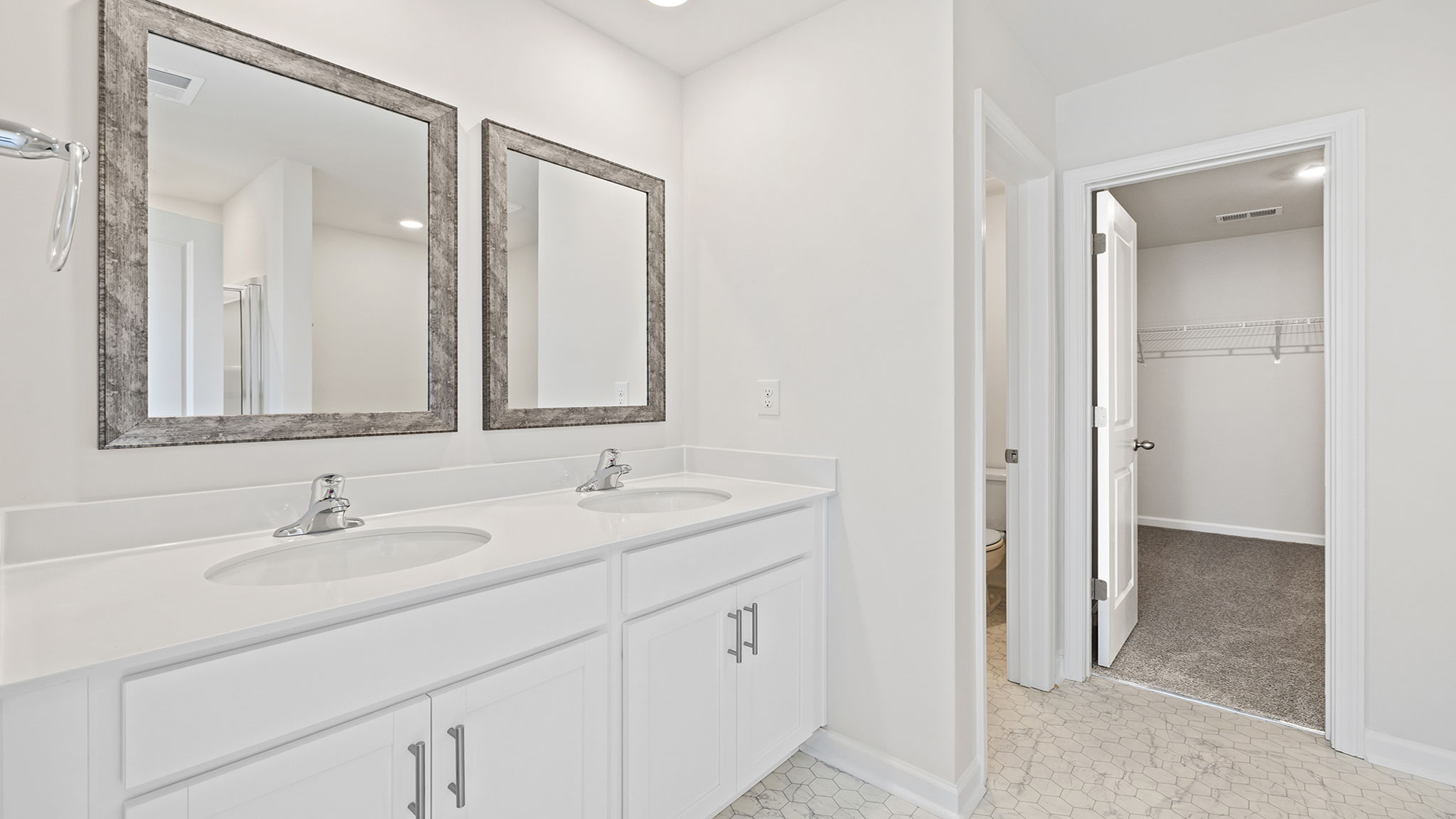 Primary bathroom with dual sink vanity.